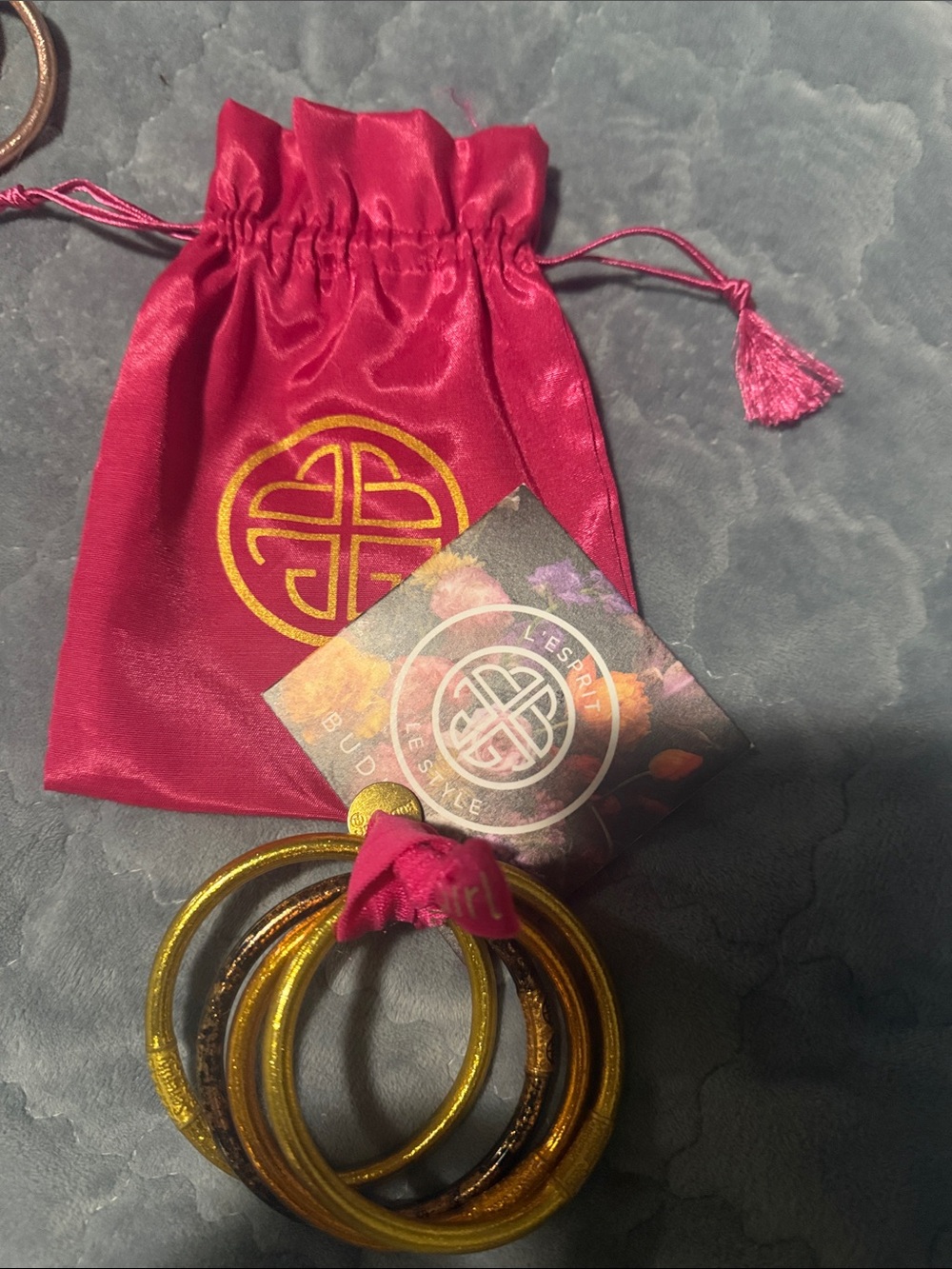 Gold Tone Bangle Bracelet Set with Pink Satin Pouch